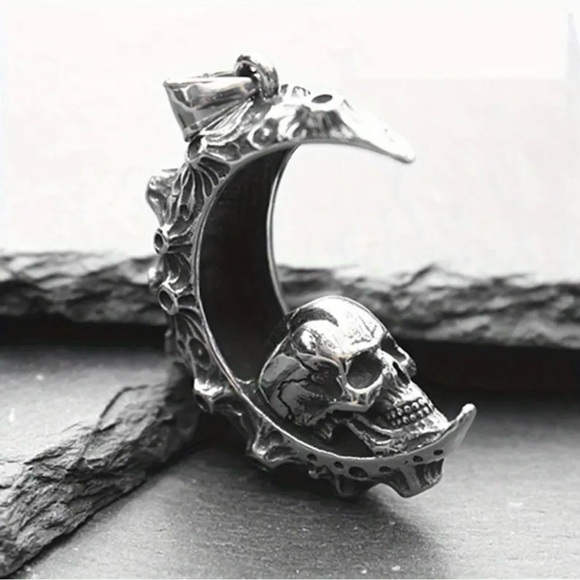“Skull on the Moon” Regolith Lunar Crater Crescent Celestial Goth Steel Necklace - Picture 8 of 16
